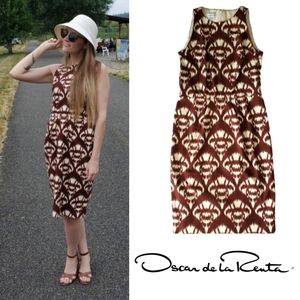 Oscar De La Renta Neutral Ikat Cotton Silk Midi Dress